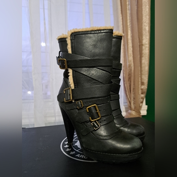 Women's Black Faux Leather Boots with Buckle Straps, Size 37, Aldo - Picture 4 of 10